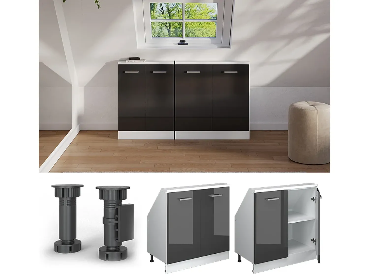 Vicco Armário de cozinha para sótão inclinado antracite alto brilho 80x46x81.6 r-line^ Móvel De Arrumação
