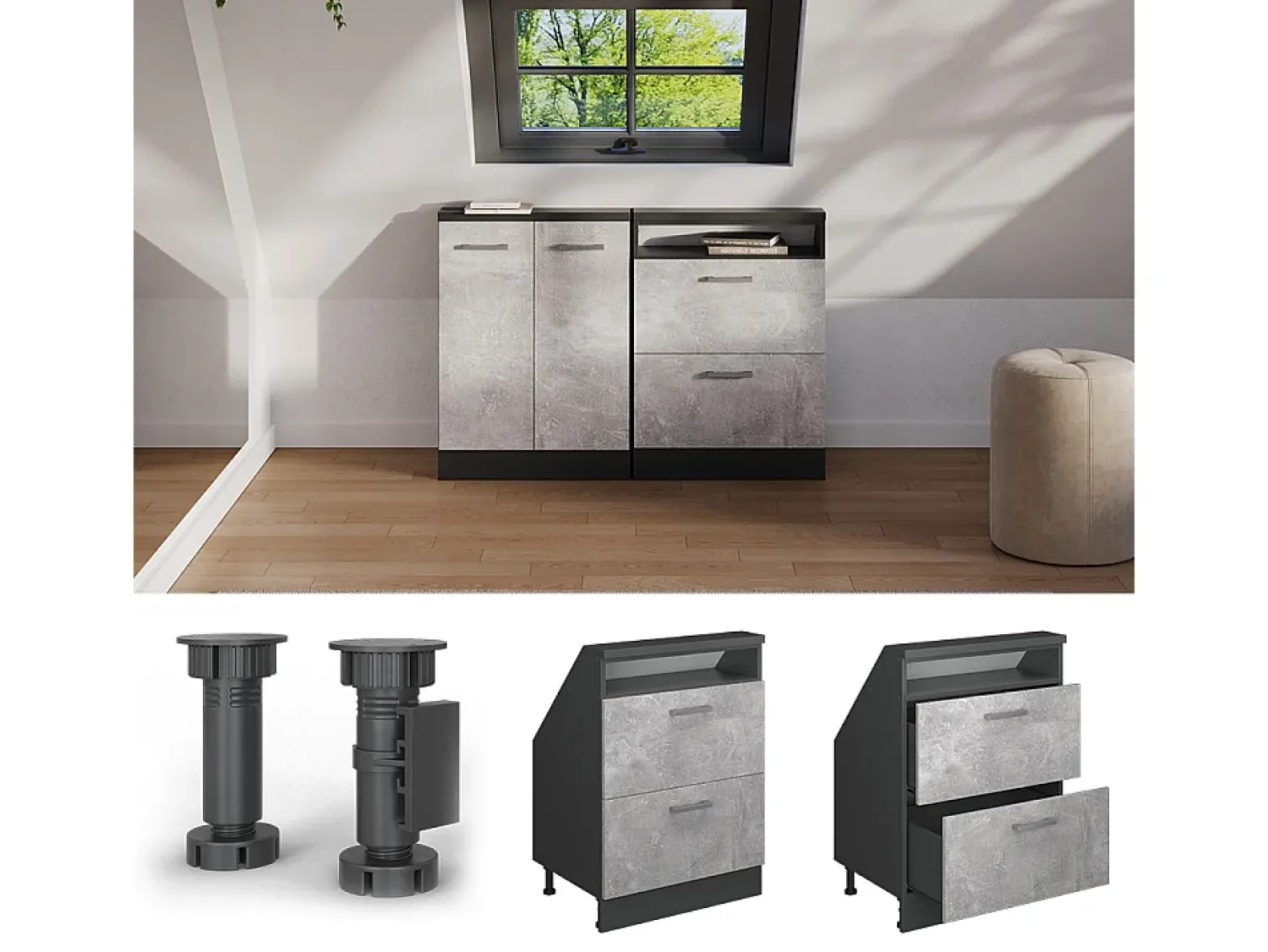 Outlet Vicco Armário de cozinha para sótão inclinado betão 60x46x81.6 r-line Cinzento claro