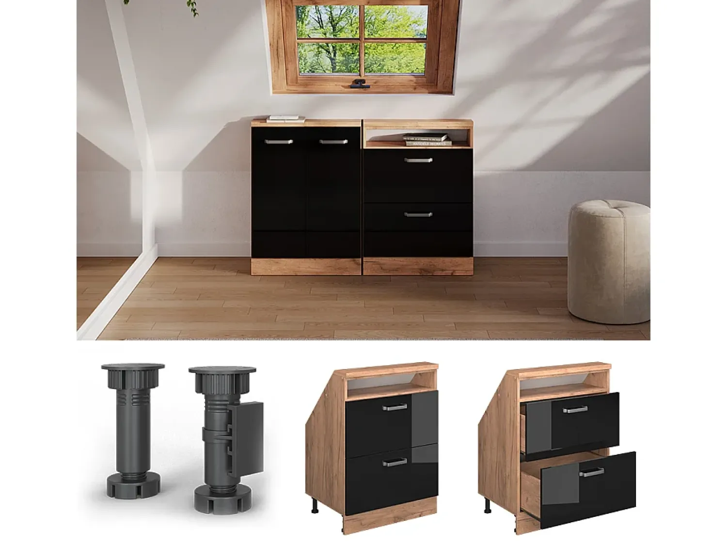 Móvel De Arrumação*Vicco Armário de cozinha para sótão inclinado alto brilho 60x46x81.6 r-line Preto