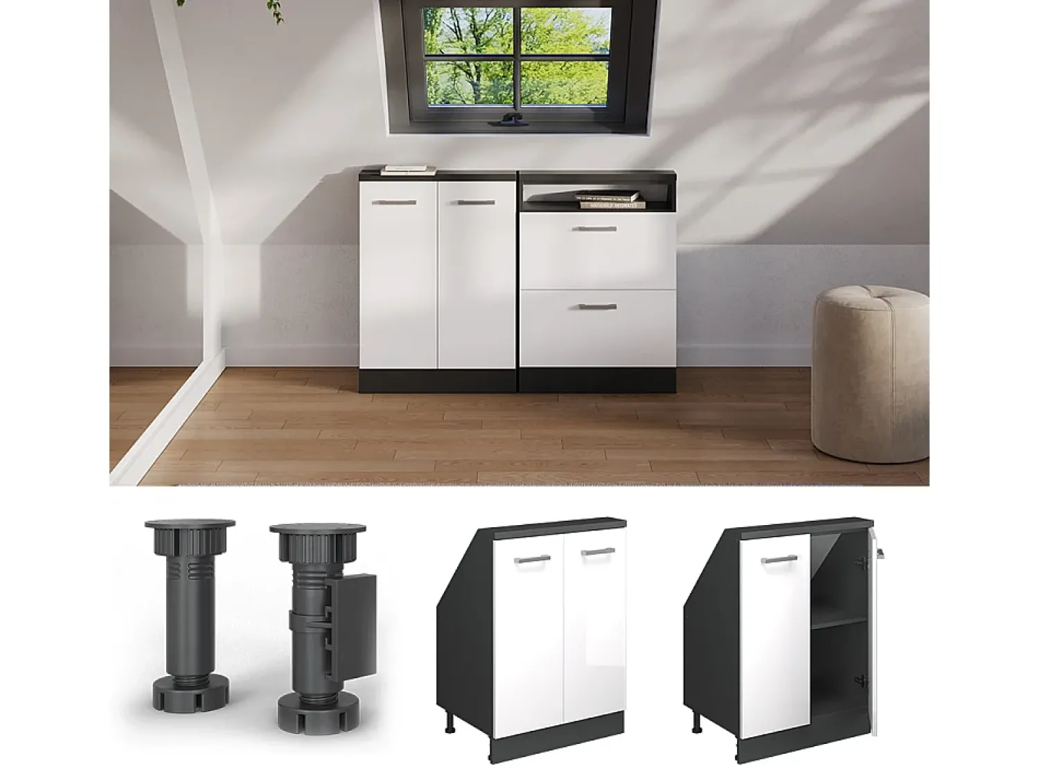 Vicco Armário de cozinha para sótão inclinado alto brilho 60x46x81.6 r-line^ Móvel De Arrumação