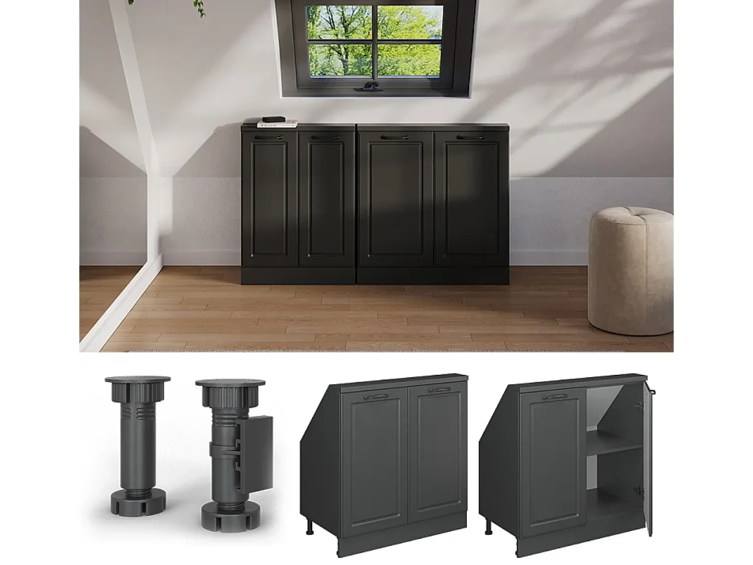 Móvel De Arrumação|Vicco Armário de cozinha para sótão inclinado casa de campo antracite 80x46x81.6 r-line Cinza antracite