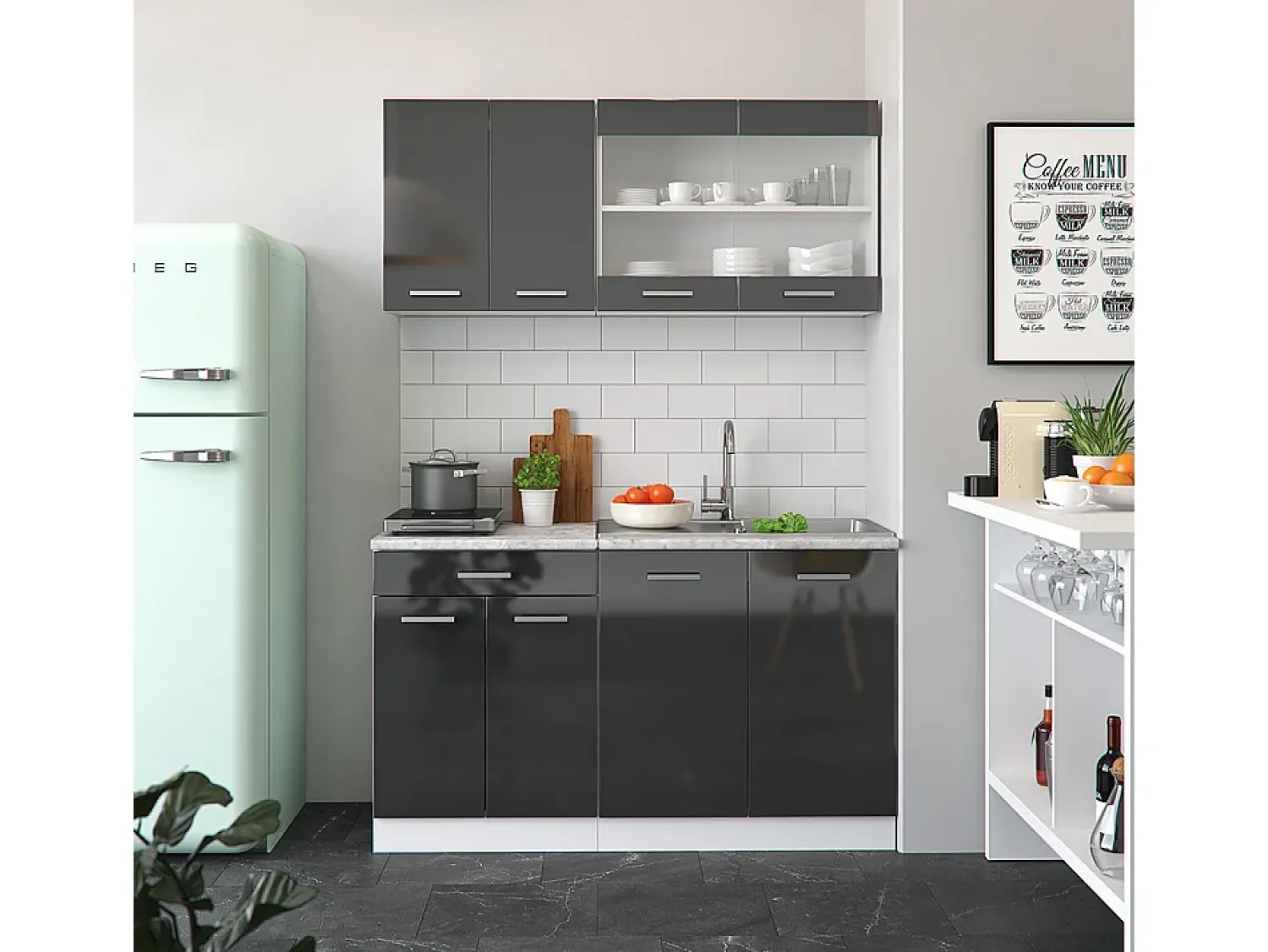 Vicco Armário de cozinha para sótão inclinado antracite alto brilho 140x46x81.6 r-line Cinza antracite