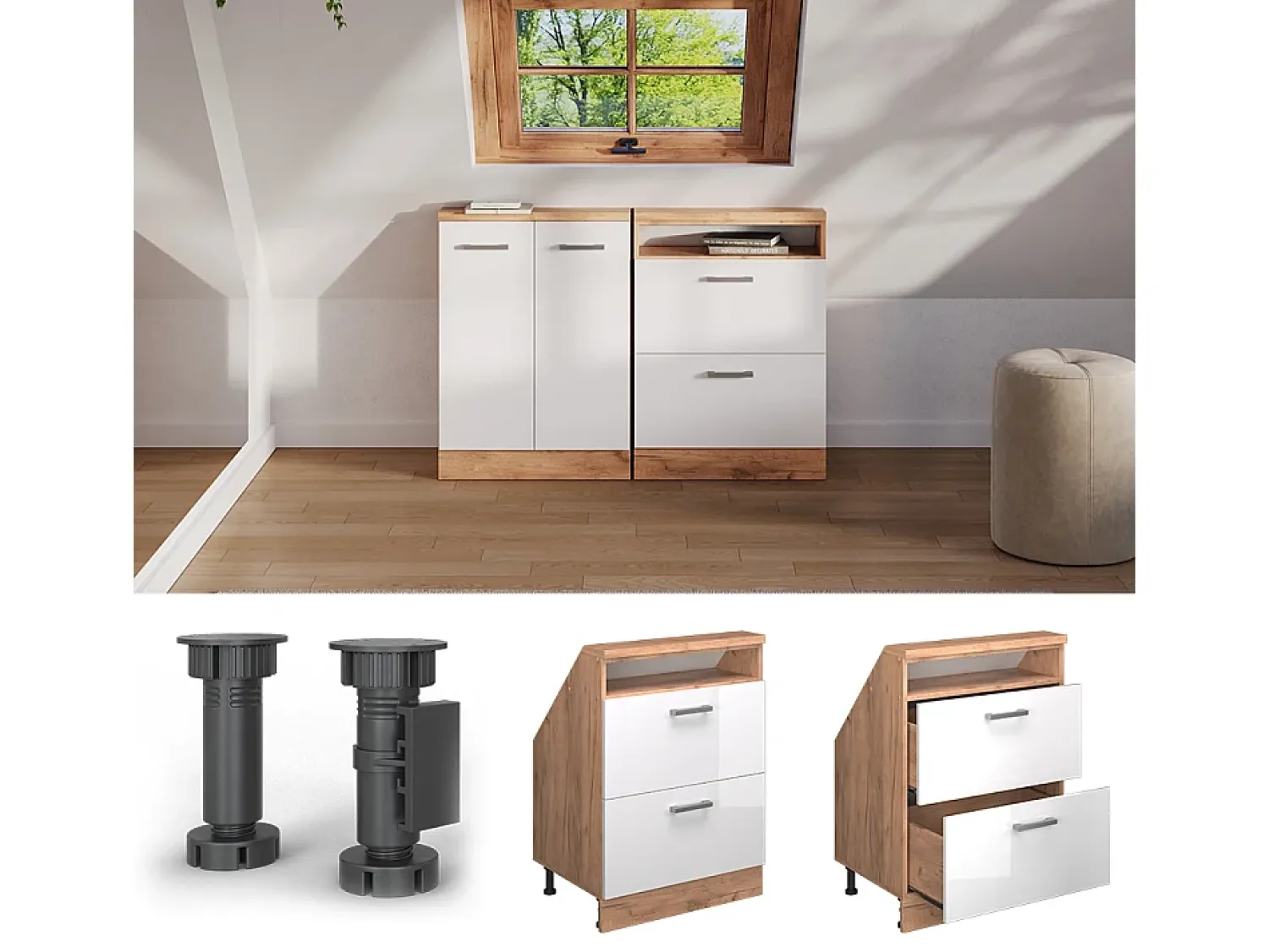 Outlet Vicco Armário de cozinha para sótão inclinado alto brilho 60x46x81.6 r-line Branco
