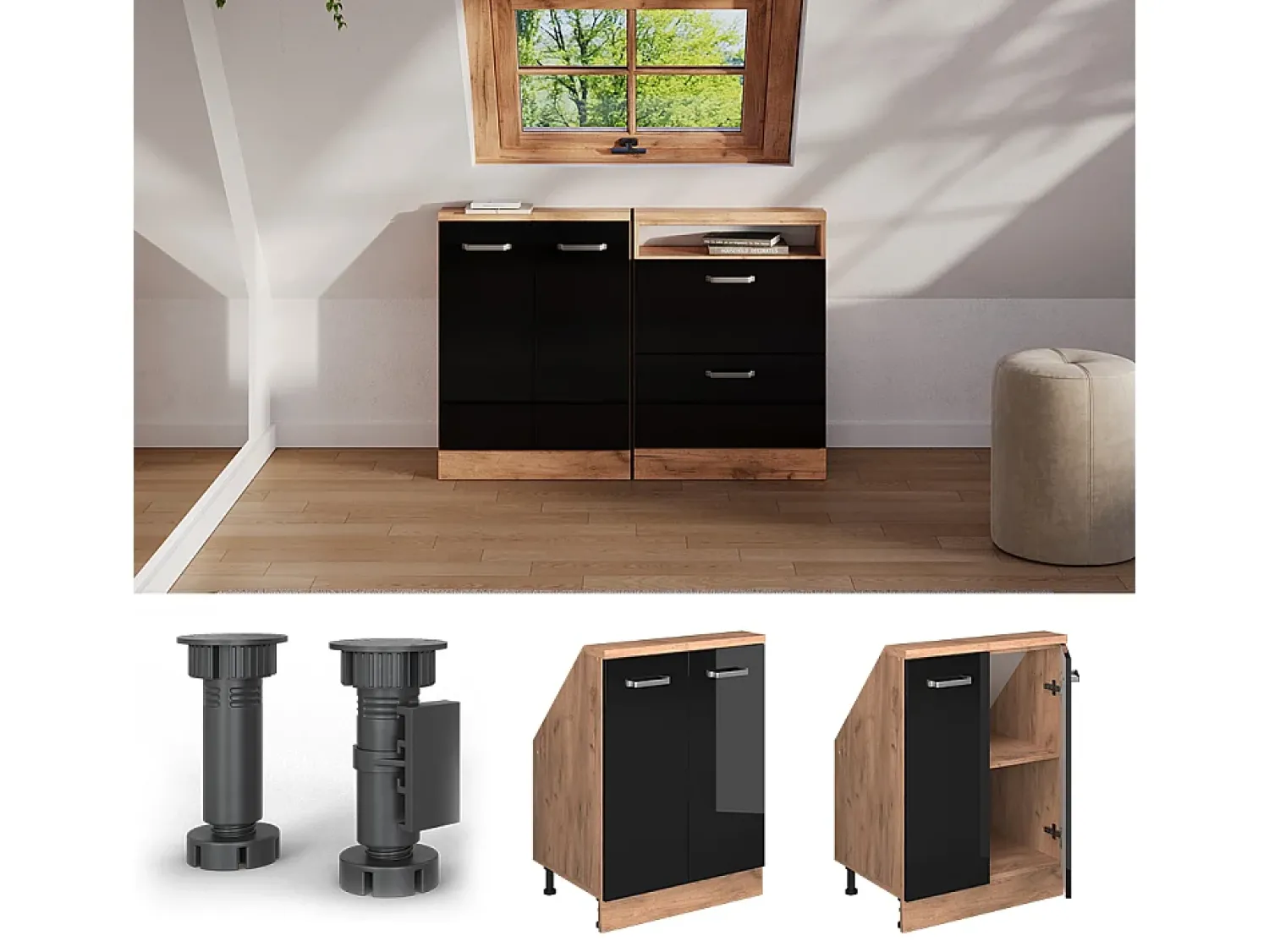 Móvel De Arrumação*Vicco Armário de cozinha para sótão inclinado alto brilho 60x46x81.6 r-line Preto