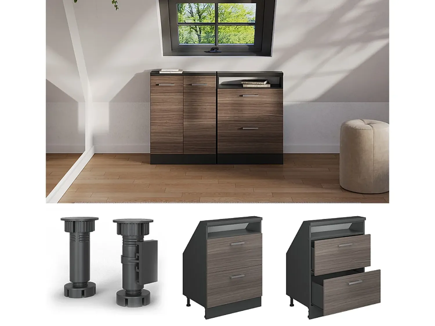 Vicco Armário de cozinha para sótão inclinado cinza nobre 60x46x81.6 r-line^ Móvel De Arrumação