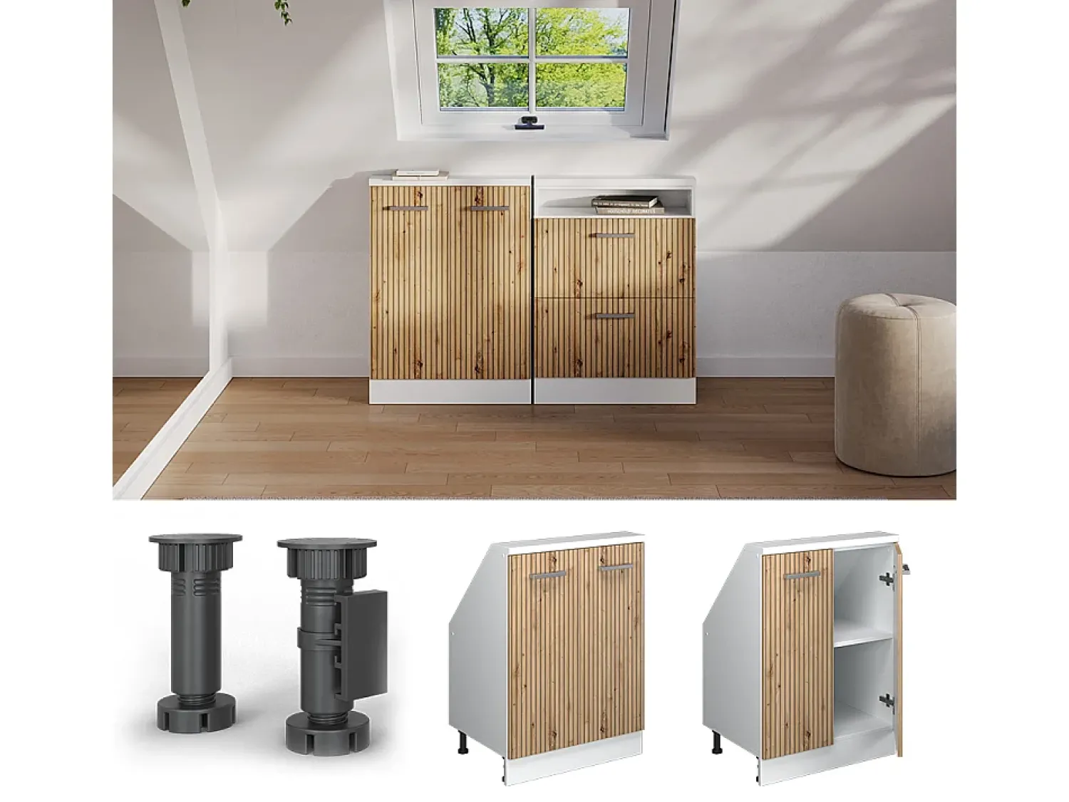 Móvel De Arrumação*Vicco Armário de cozinha para sótão inclinado carvalho artesanal 60x46x81.6 r-line Natural claro