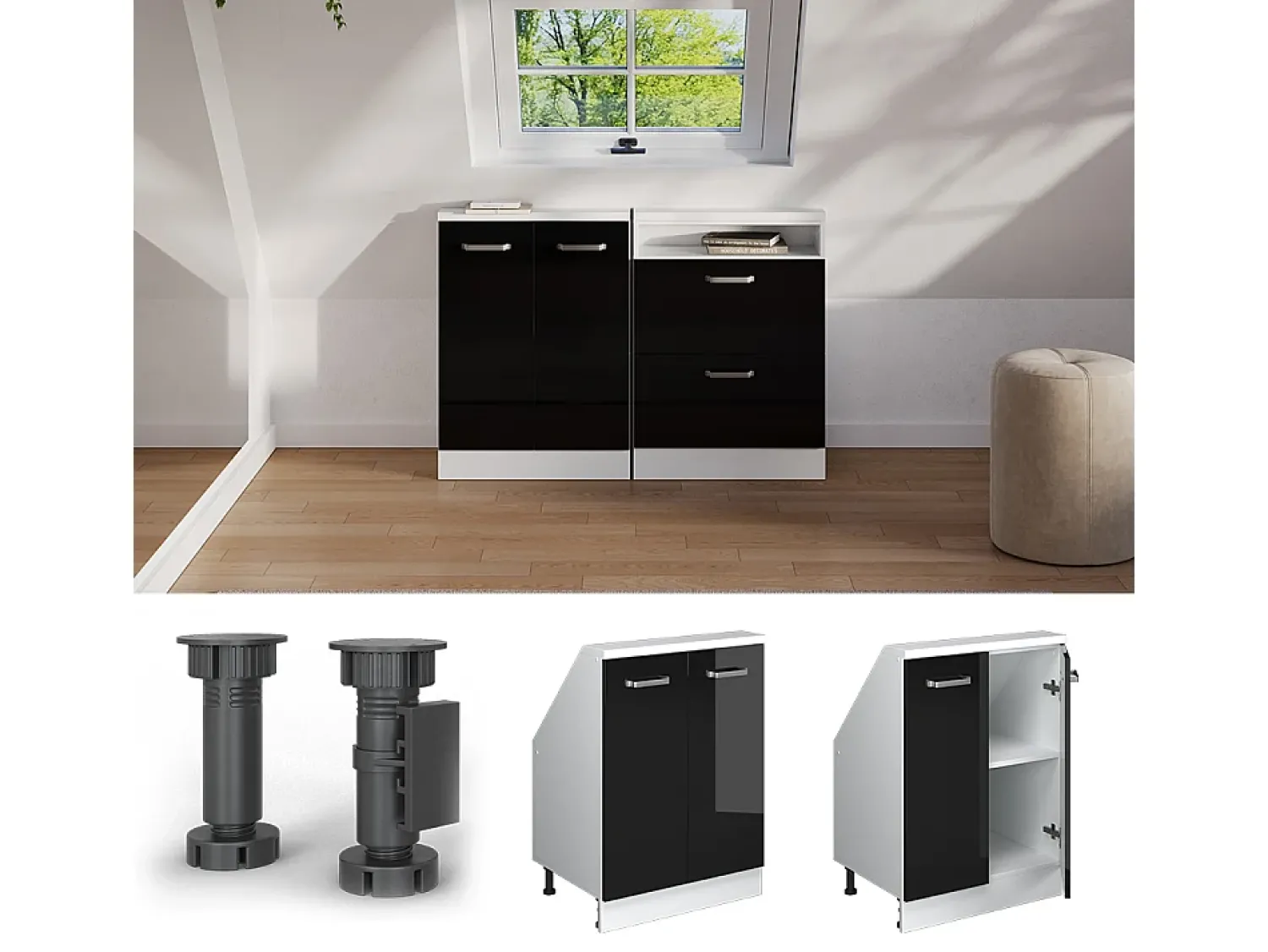 Móvel De Arrumação*Vicco Armário de cozinha para sótão inclinado alto brilho 60x46x81.6 r-line Preto