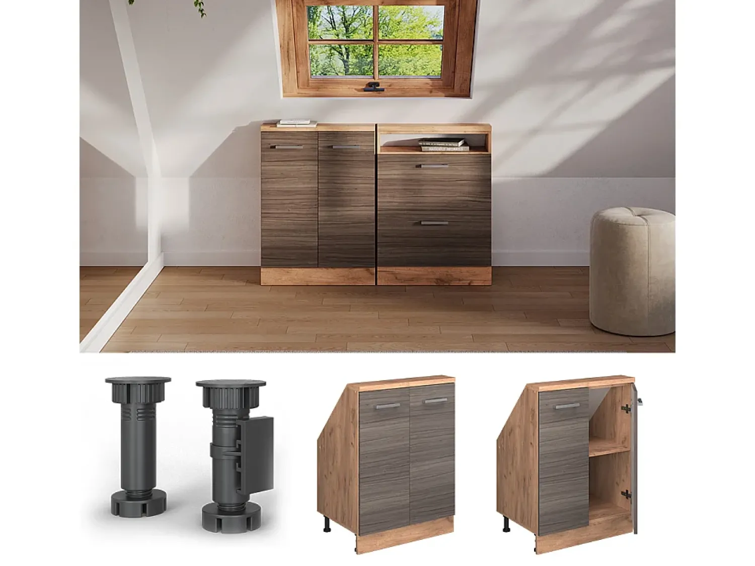 Online Vicco Armário de cozinha para sótão inclinado cinza nobre 60x46x81.6 r-line Cinzento claro