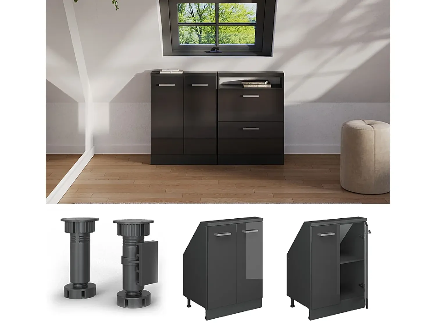 Discount Vicco Armário de cozinha para sótão inclinado antracite alto brilho 60x46x81.6 r-line Cinza antracite
