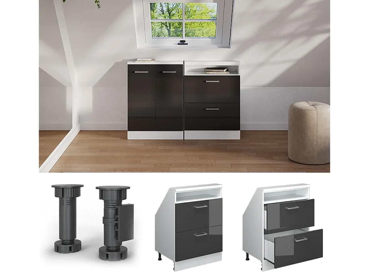 Vicco Armário de cozinha para sótão inclinado antracite alto brilho 60x46x81.6 r-line^ Móvel De Arrumação