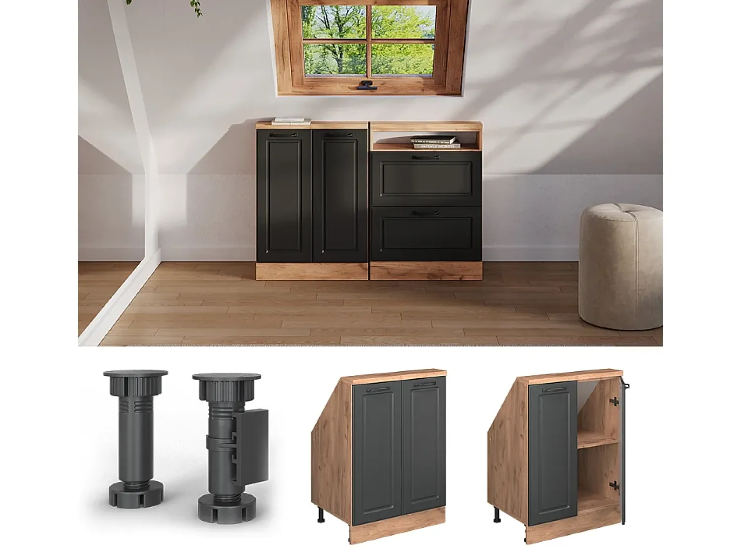 Outlet Vicco Armário de cozinha para sótão inclinado casa de campo antracite 60x46x81.6 r-line Cinza antracite