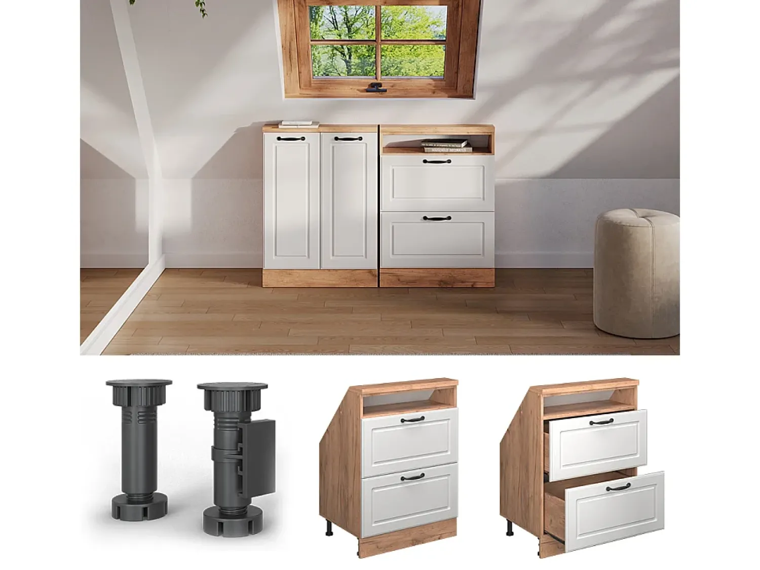 Vicco Armário de cozinha para sótão inclinado casa de campo branca 60x46x81.6 r-line^ Móvel De Arrumação
