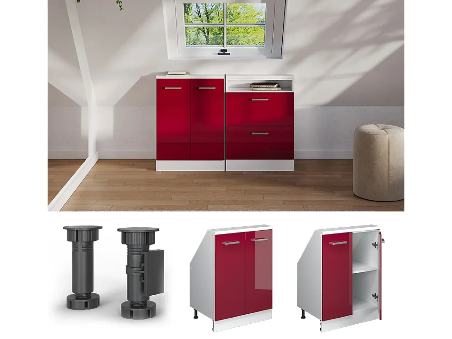 Móvel De Arrumação*Vicco Armário de cozinha para sótão inclinado brilhante/branco 60x46x81.6 r-line Vermelho