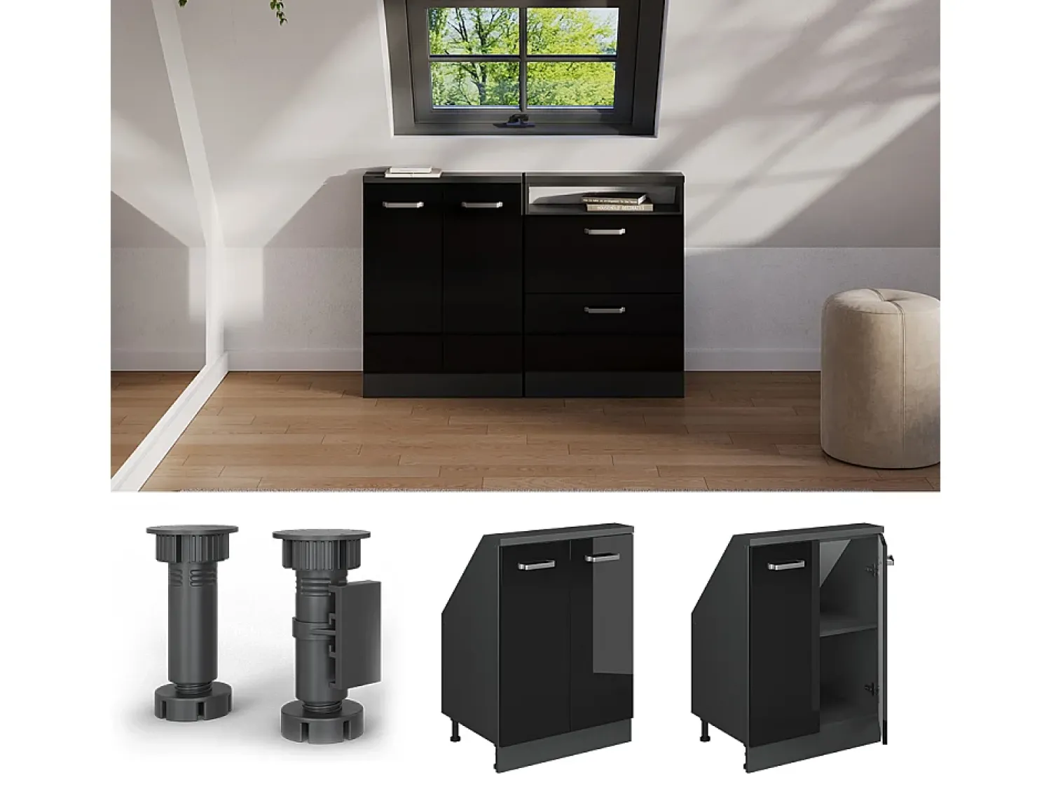 Móvel De Arrumação|Vicco Armário de cozinha para sótão inclinado alto brilho 60x46x81.6 r-line Preto