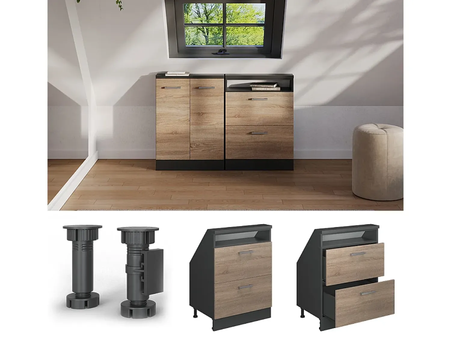 Outlet Vicco Armário de cozinha para sótão inclinado sonoma 60x46x81.6 r-line Natural claro