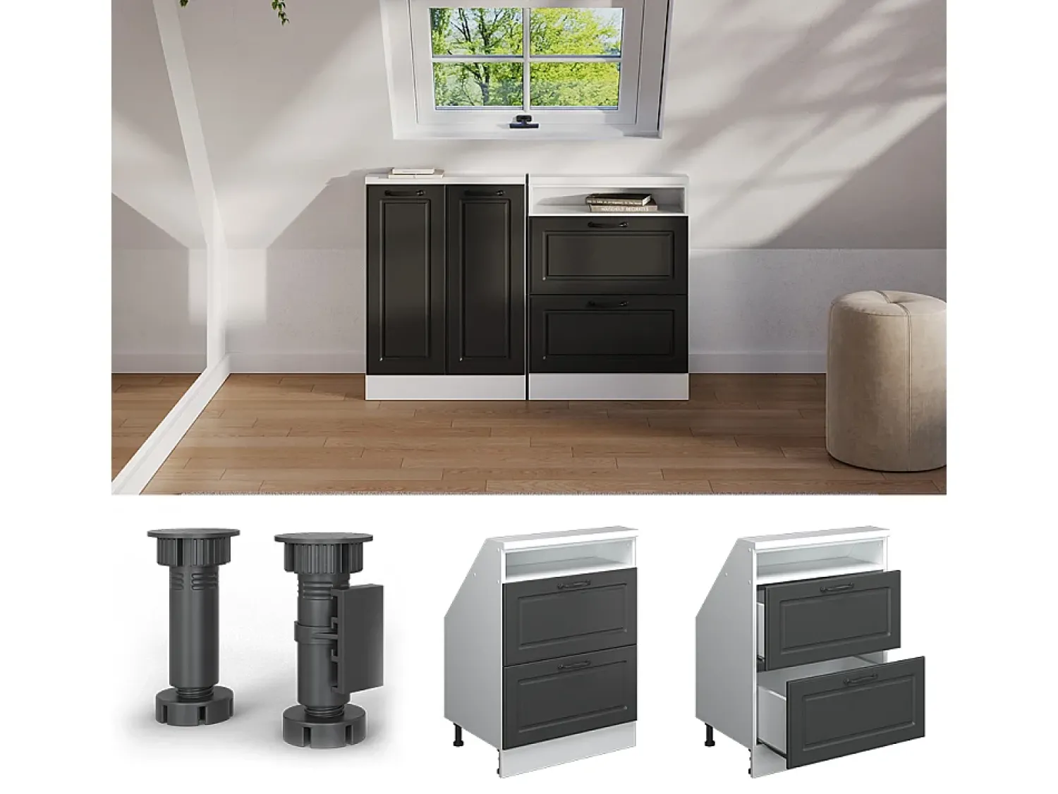 Outlet Vicco Armário de cozinha para sótão inclinado casa de campo antracite 60x46x81.6 r-line Cinza antracite