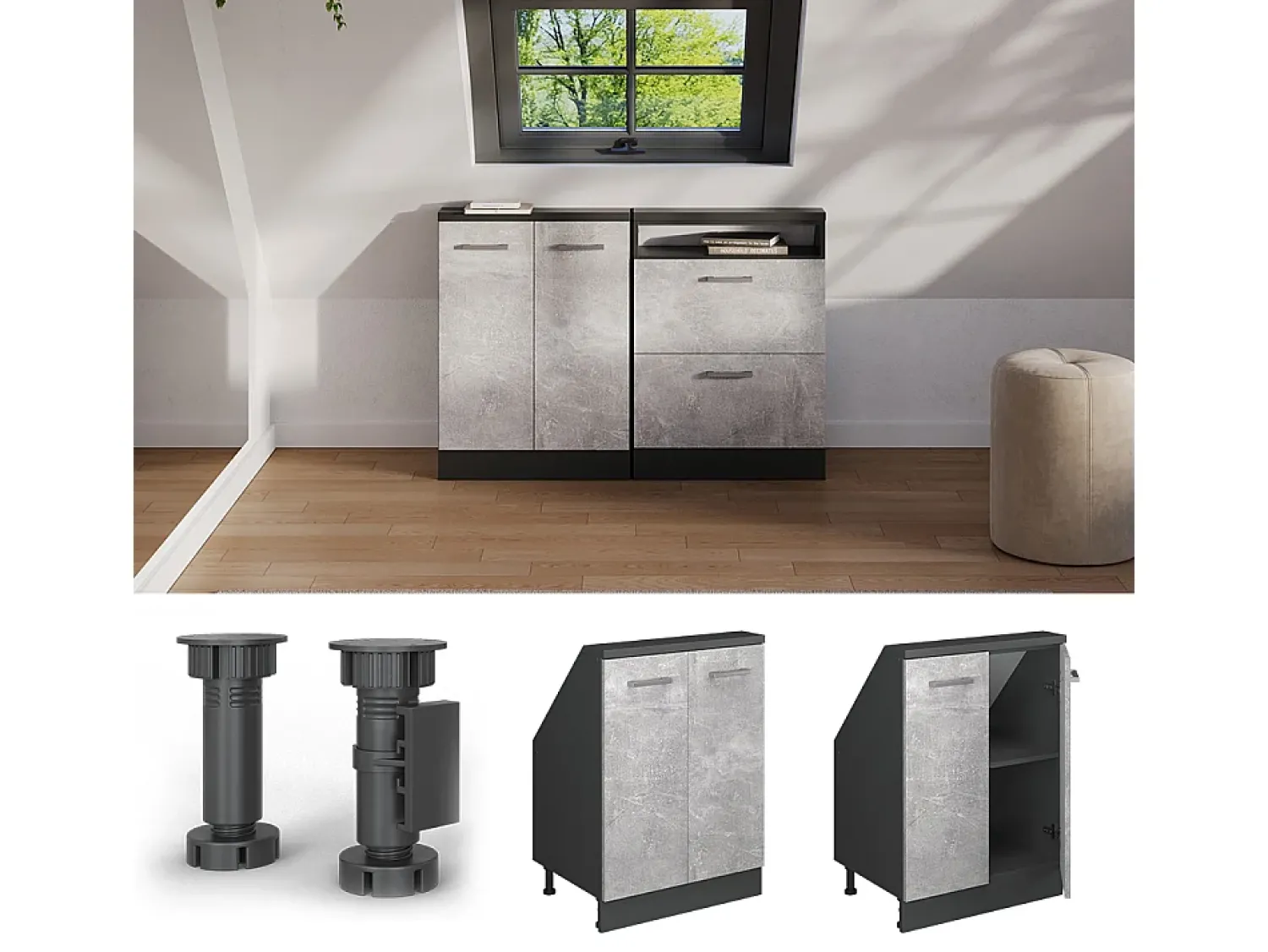 Móvel De Arrumação*Vicco Armário de cozinha para sótão inclinado betão 60x46x81.6 r-line Cinzento claro