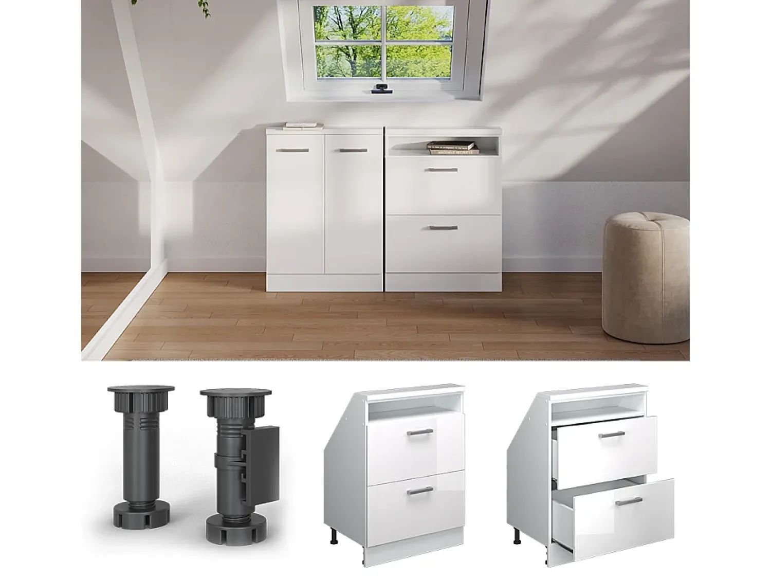 Hot Vicco Armário de cozinha para sótão inclinado alto brilho 60x46x81.6 r-line Branco