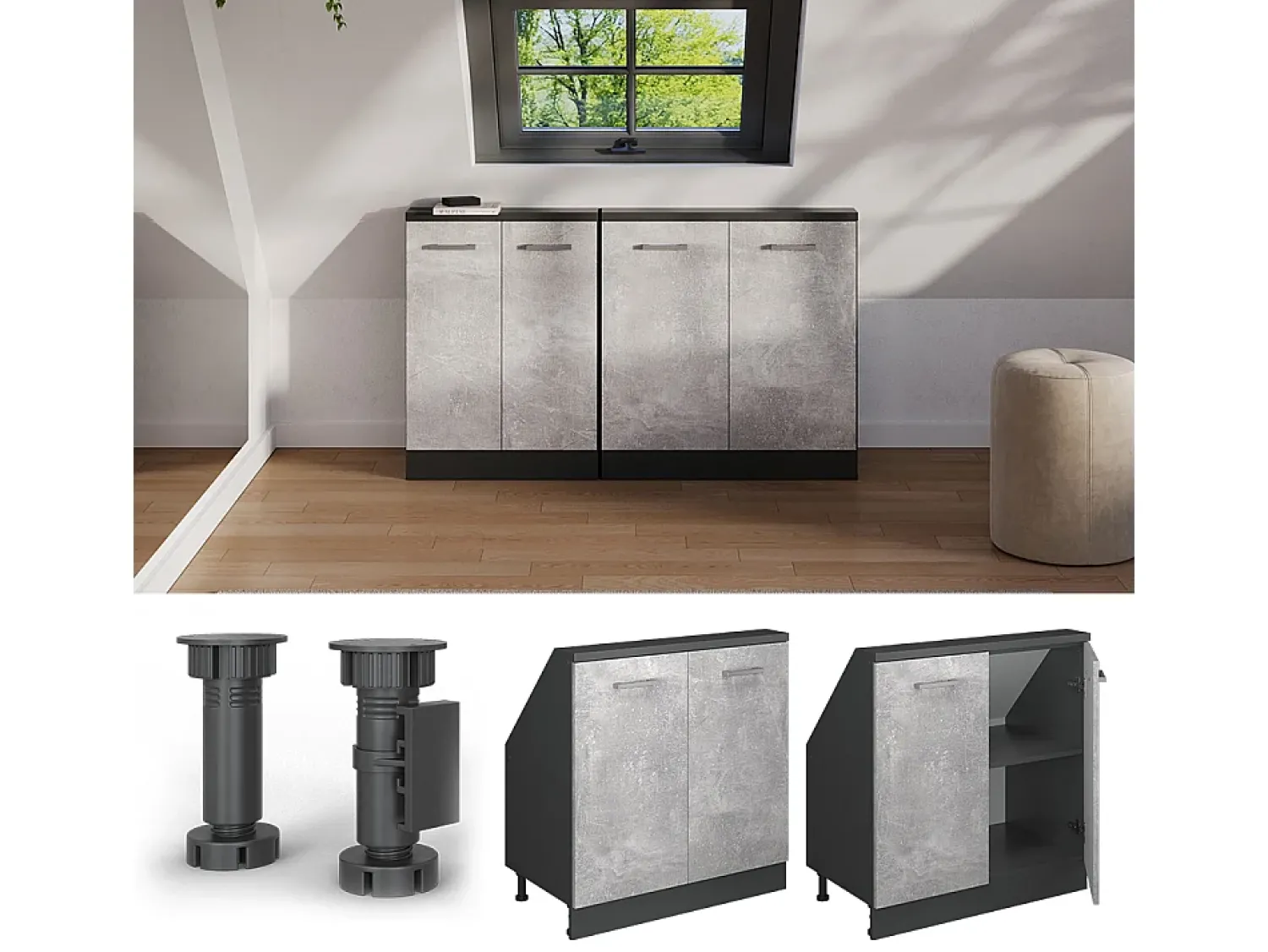 Móvel De Arrumação|Vicco Armário de cozinha para sótão inclinado betão 80x46x81.6 r-line Cinzento claro