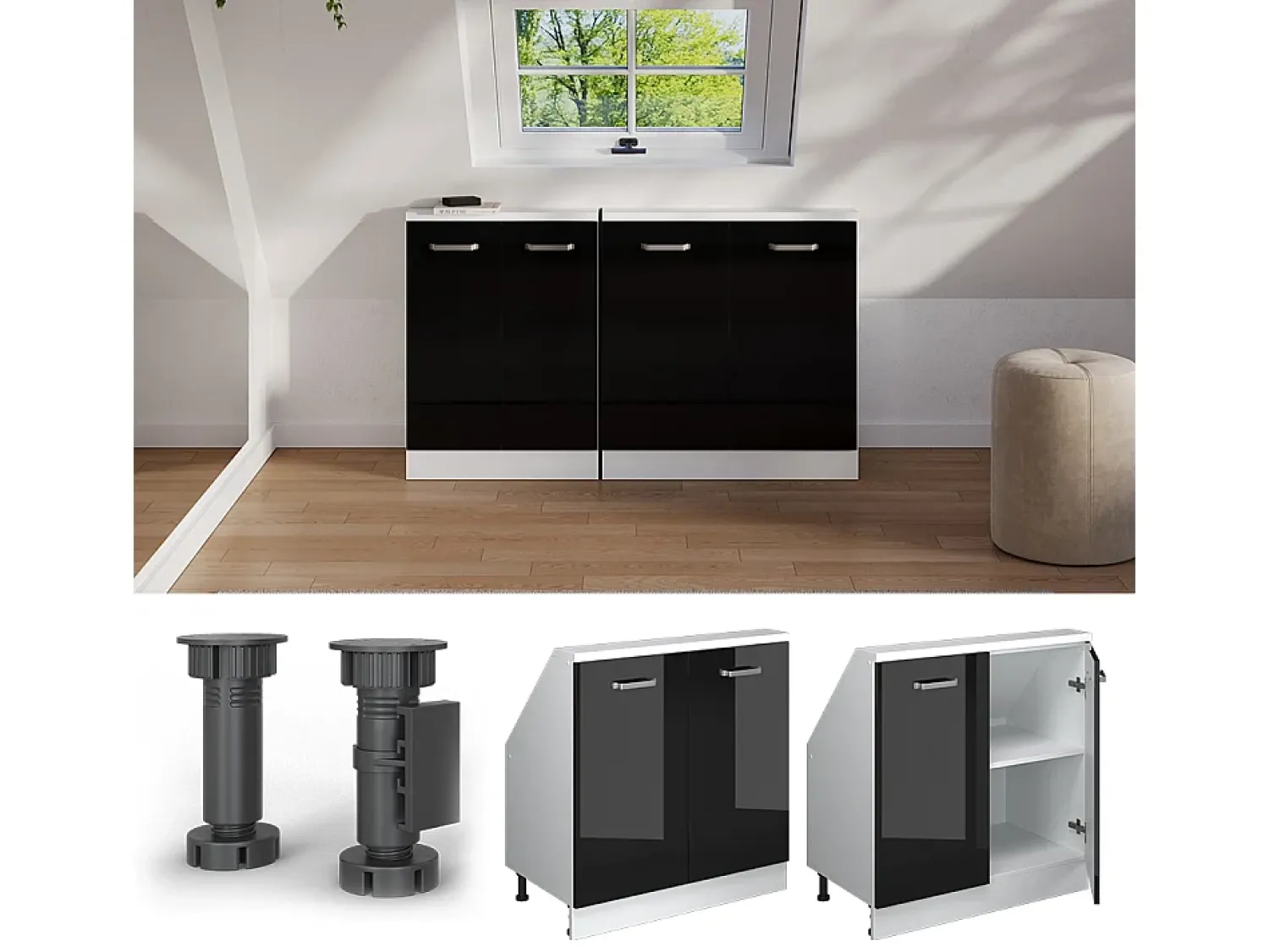 Móvel De Arrumação*Vicco Armário de cozinha para sótão inclinado alto brilho 80x46x81.6 r-line Preto
