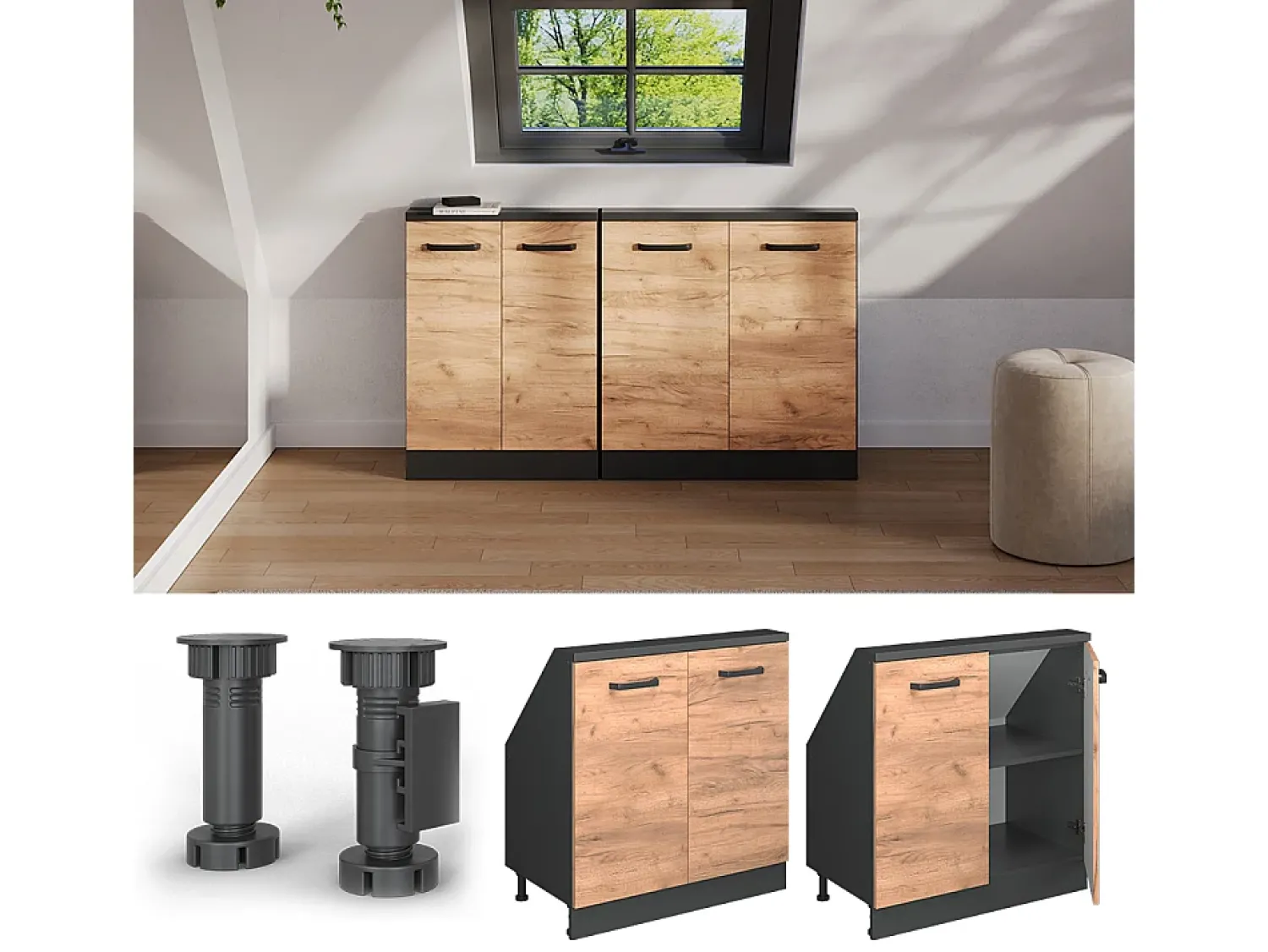 Móvel De Arrumação*Vicco Armário de cozinha para sótão inclinado carvalho goldkraft 80x46x81.6 r-line Natural escuro