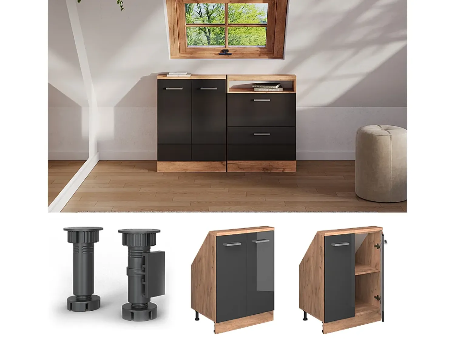 Hot Vicco Armário de cozinha para sótão inclinado antracite alto brilho 60x46x81.6 r-line Cinza antracite