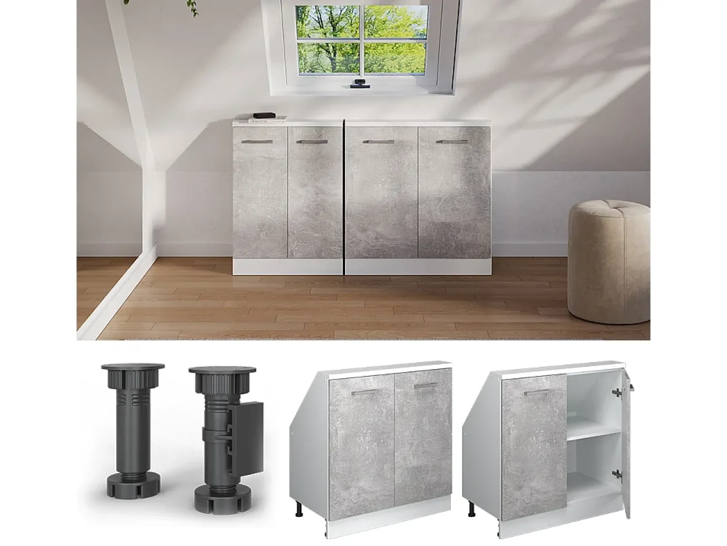 Móvel De Arrumação*Vicco Armário de cozinha para sótão inclinado betão 80x46x81.6 r-line Cinzento claro