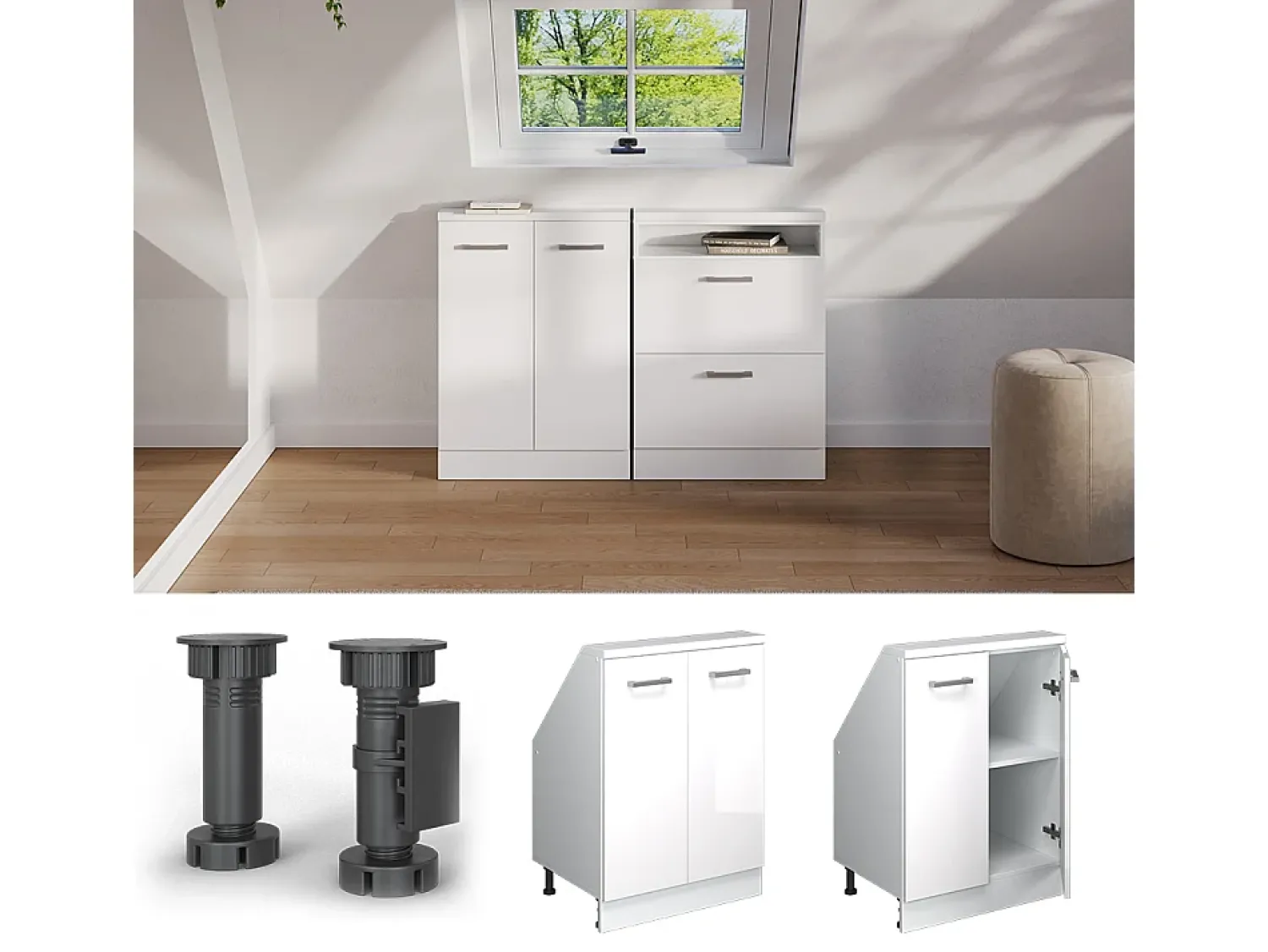 Móvel De Arrumação*Vicco Armário de cozinha para sótão inclinado alto brilho 60x46x81.6 r-line Branco