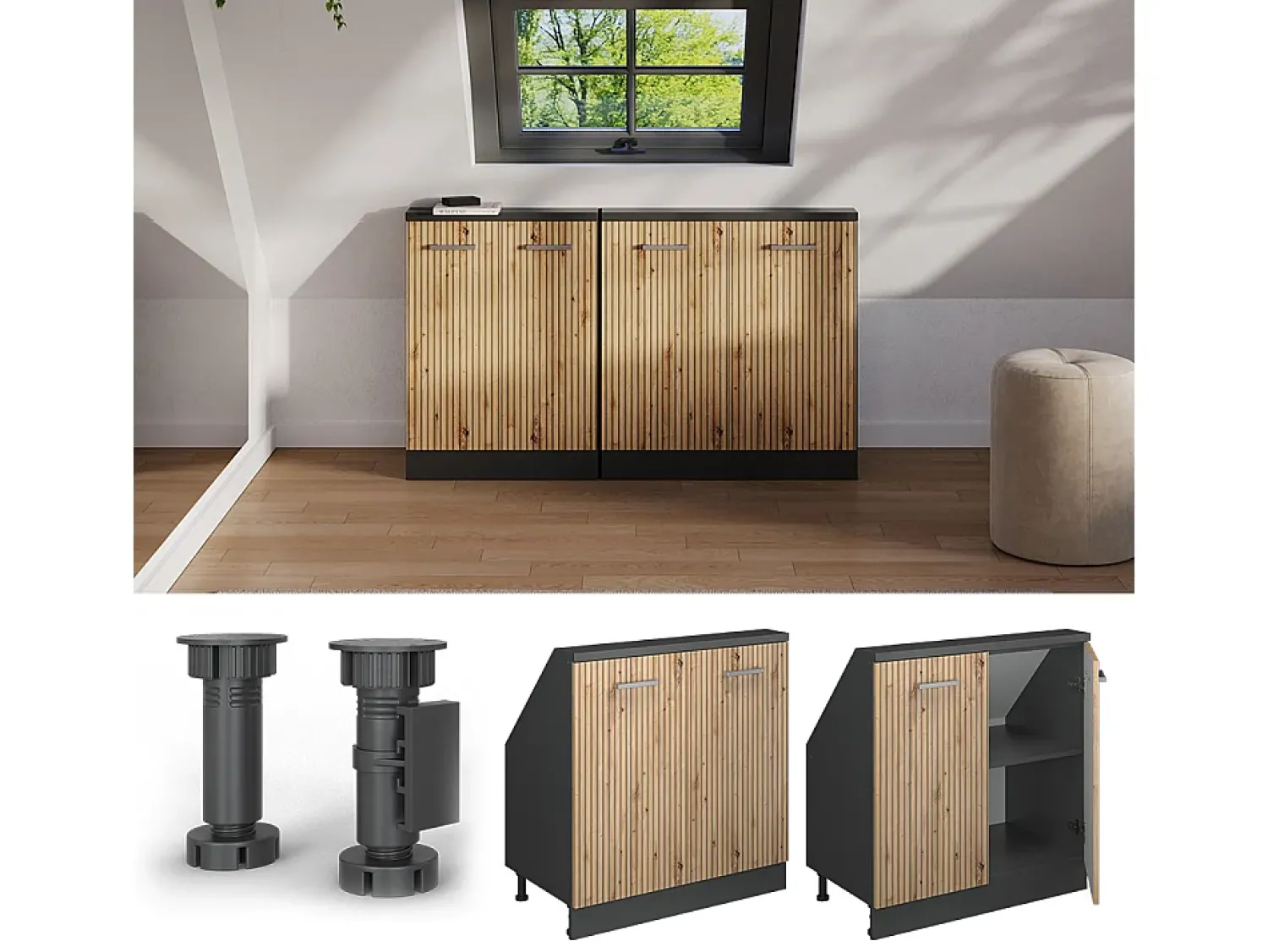 Vicco Armário de cozinha para sótão inclinado carvalho artesanal 80x46x81.6 r-line^ Móvel De Arrumação