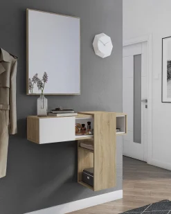 Dmora Armário de entrada Daba, Entrada de cabide, Composição para o átrio, Consola de armazenamento multifuncional, 100x31h75 cm, Carvalho e Branco^ Móvel De Entrada