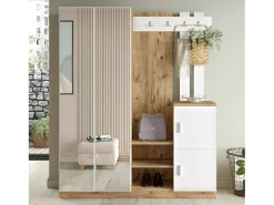 Dmora Armário de entrada Dgautier, Entrada de cabide, Composição para átrio, Consola de armazenamento multifunções, 147x38h180 cm, Carvalho e Branco^ Móvel De Entrada
