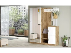 Dmora Armário de entrada Dgautier, Entrada de cabide, Composição para átrio, Consola de armazenamento multifunções, 147x38h180 cm, Carvalho e Branco^ Móvel De Entrada