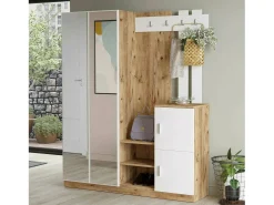 Dmora Armário de entrada Dgautier, Entrada de cabide, Composição para átrio, Consola de armazenamento multifunções, 147x38h180 cm, Carvalho e Branco^ Móvel De Entrada