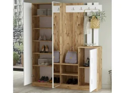 Dmora Armário de entrada Dgautier, Entrada de cabide, Composição para átrio, Consola de armazenamento multifunções, 147x38h180 cm, Carvalho e Branco^ Móvel De Entrada