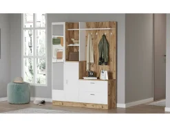 Móvel De Entrada*Dmora Armário de entrada Dmasiell, Entrada para cabides, Composição para átrio, Consola de armazenamento multifunções, 140x37h182 cm, Carvalho e Branco Castanho