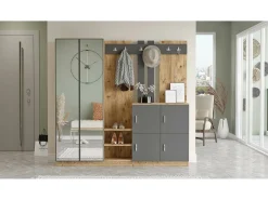 Dmora Armário de entrada Dnikolao, Entrada de cabide, Composição para átrio, Consola de armazenamento multifuncional, 187x38h180 cm, Carvalho e Antracite Castanho
