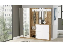 Dmora Armário de entrada Dnikolao, Entrada de cabide, Composição para o átrio, ConsolePorta-luvas multifunções, 187x38h180 cm, Carvalho e Branco Castanho