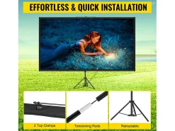 New Armário de Escritório SucceBuy Tela de Projeção sobre Tripé 279.4CM 4K HD 16:9 Cinema em Casa Portátil Preto