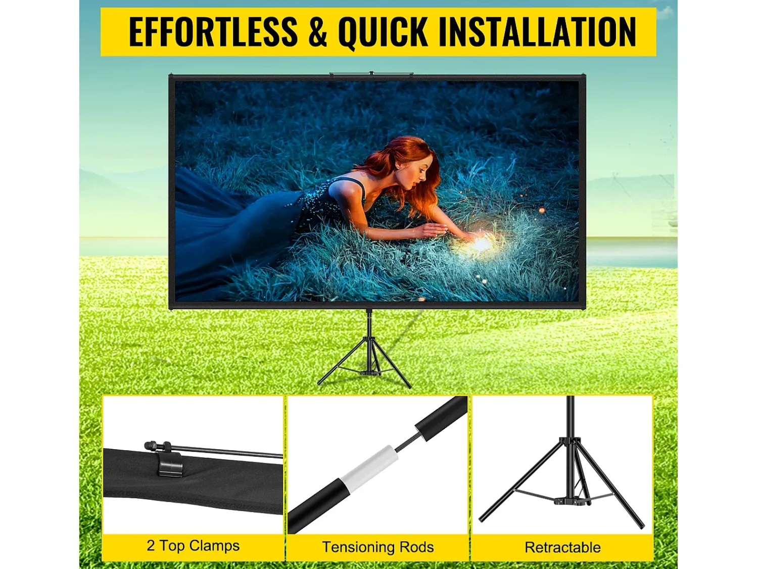 New Armário de Escritório SucceBuy Tela de Projeção sobre Tripé 279.4CM 4K HD 16:9 Cinema em Casa Portátil Preto