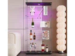 Vitrina* Armário de exposição LED em vidro 4 prateleiras, 80,49 x 36,49 x 163,9 cm, prateleira em vidro com 2 portas, armário de exposição independente, Preto