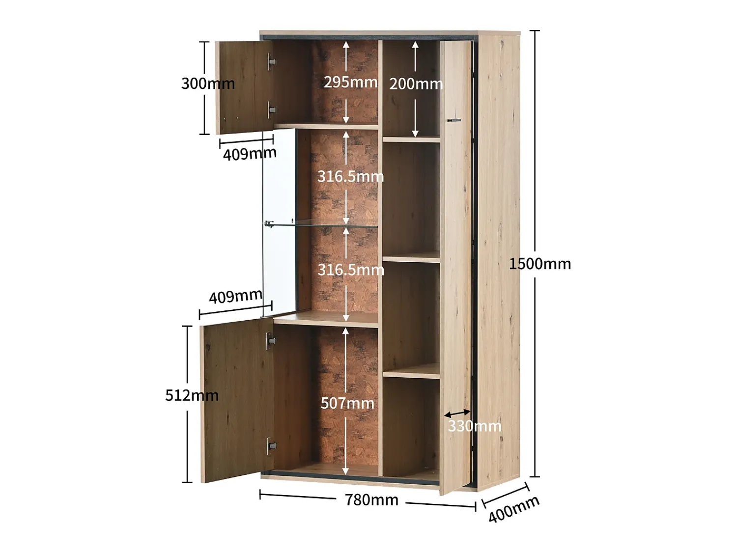 Online Armário de exposição LED 150x78x40cm - com grande espaço de arrumação porta de vidro - mobiliário de apresentação - madeira natural Natural claro