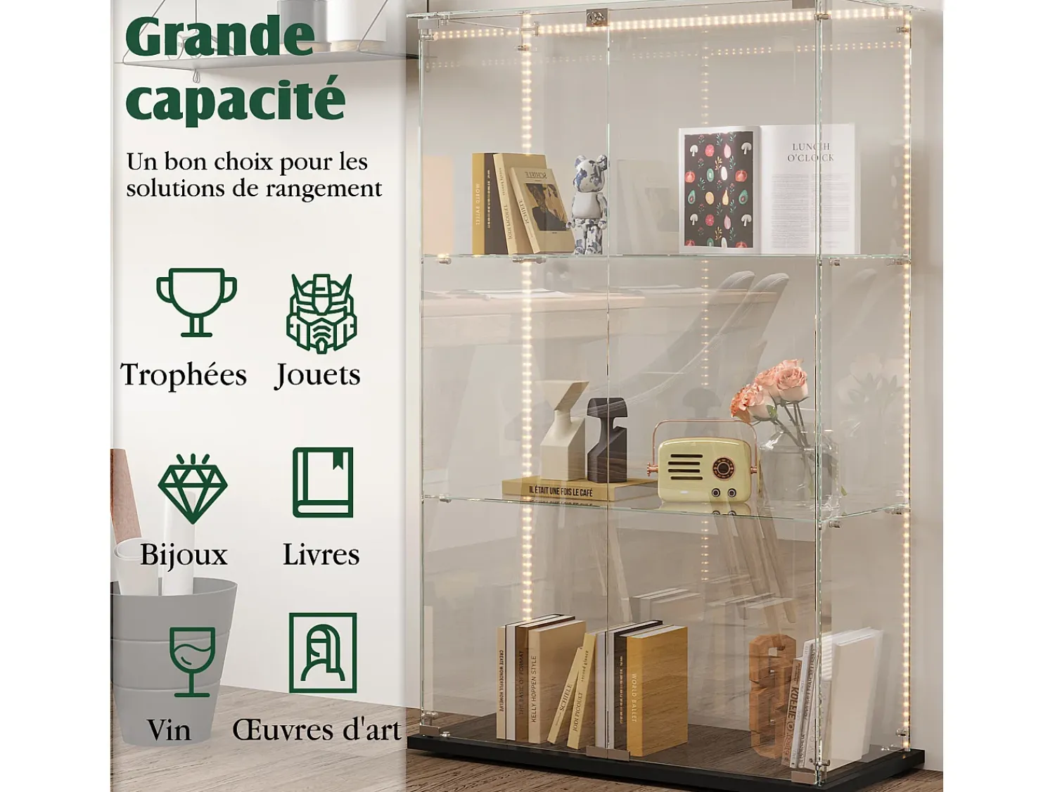Clearance Armário de exposição para sala de estar com 4 prateleiras e portas duplas – Móveis elegantes para sala de estar Preto