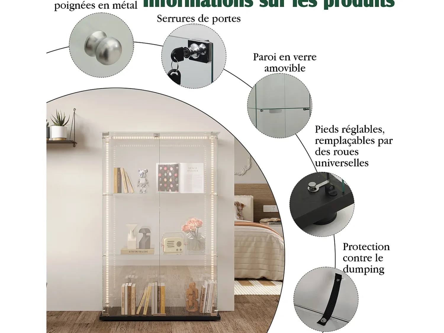 Clearance Armário de exposição para sala de estar com 4 prateleiras e portas duplas – Móveis elegantes para sala de estar Preto