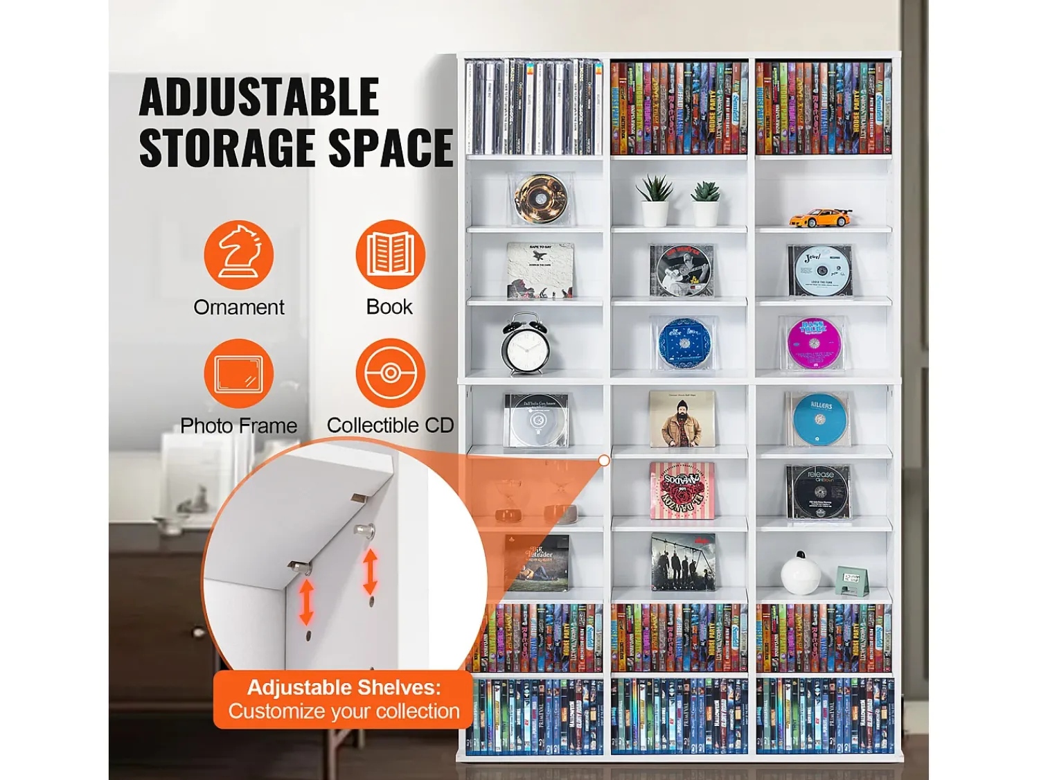 Móvel De Arrumação* Armário de Exposição, SucceBuy Armário de Armazenamento Multimédia de 9 Níveis, Prateleira Ajustável para DVD para 756 CDs, Branco