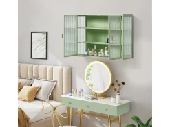Outlet Armário de parede com porta de vidro de 70 cm e três níveis de armazenamento, ideal para hall de entrada, sala de estar, banheiro e sala de jantar. Verde