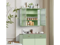 Outlet Armário de parede com porta de vidro de 70 cm e três níveis de armazenamento, ideal para hall de entrada, sala de estar, banheiro e sala de jantar. Verde