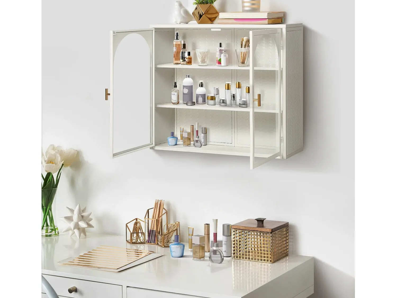 Prateleira| Armário de parede de vidro de 70 cm com duas portas, ideal para hall de entrada, sala de estar e banheiro, com padrão trançado, na cor branca. Branco