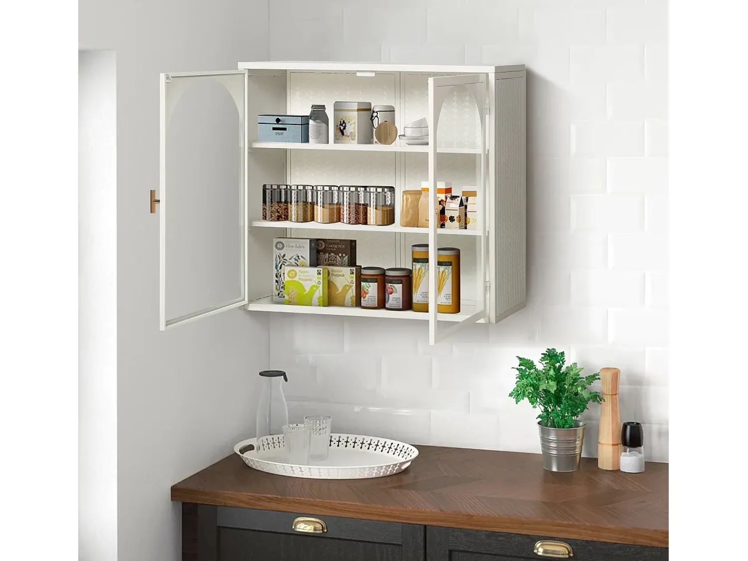 Prateleira| Armário de parede de vidro de 70 cm com duas portas, ideal para hall de entrada, sala de estar e banheiro, com padrão trançado, na cor branca. Branco