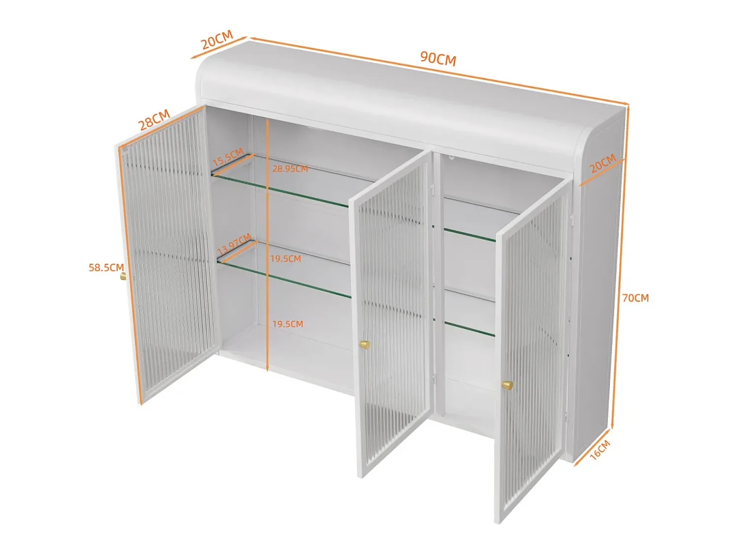 Armário de parede moderno com portas de vidro - para cozinha e banheiro - 90 × 20 × 70 cm,^ Prateleira