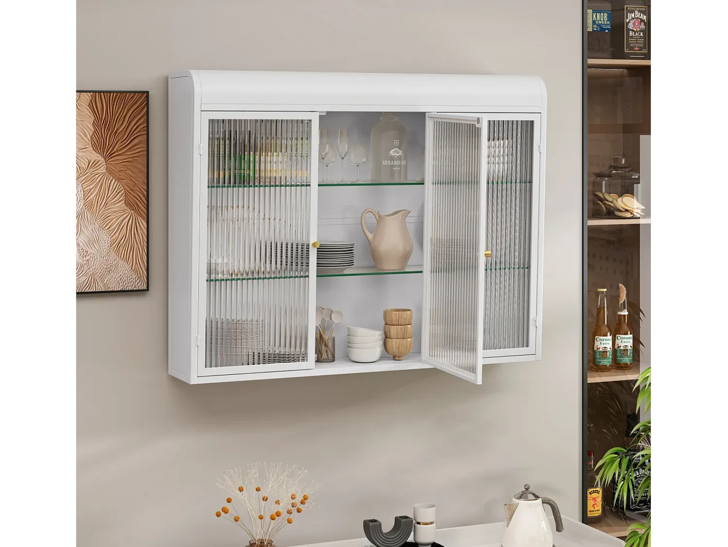 Armário de parede moderno com portas de vidro - para cozinha e banheiro - 90 × 20 × 70 cm,^ Prateleira